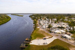 Aerial shot of River Vista RV Village and the river